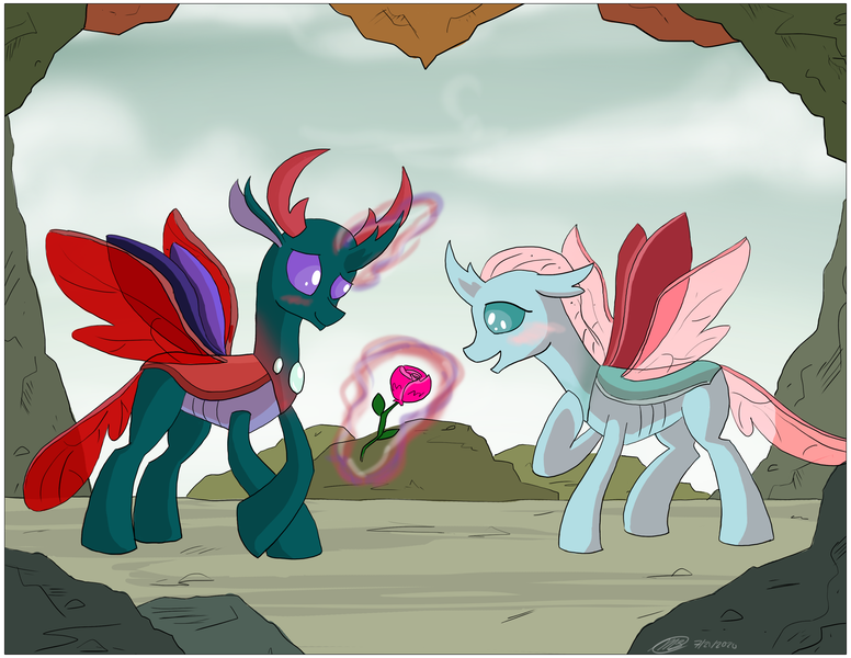 Size: 3300x2550 | Tagged: artist:loreto-arts, changedling, changeling, cute, derpibooru import, diaocelles, female, flower, magic, male, ocellus, ocellynx, pharybetes, pharynx, prince pharynx, rose, safe, shipping, straight