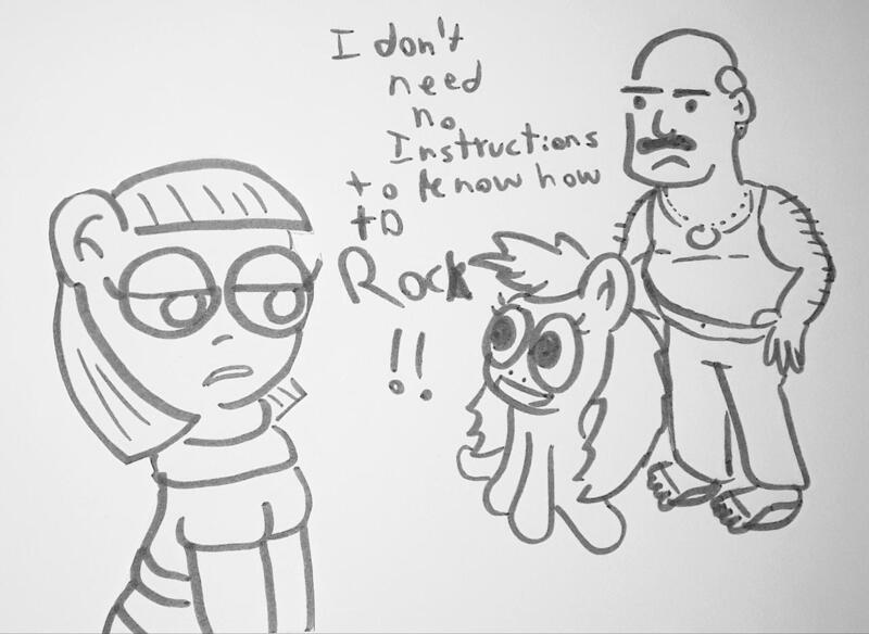 Size: 1280x935 | Tagged: safe, artist:dex stewart, derpibooru import, maud pie, oc, oc:fargate, earth pony, human, pony, aqua teen hunger force, carl, carl brutananadilewski, crossover, monochrome, quote