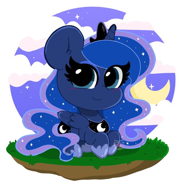 Size: 2048x1996 | Tagged: safe, artist:kittyrosie, derpibooru import, princess luna, alicorn, pony, blushing, chibi, cloud, crescent moon, cute, female, lunabetes, mare, moon, night, prone, sky, solo, stars