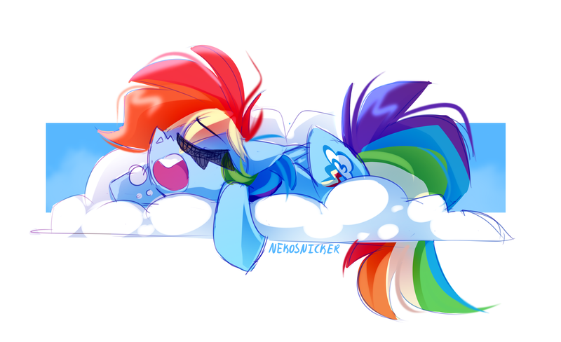 Size: 3400x2073 | Tagged: safe, artist:nekosnicker, derpibooru import, rainbow dash, pegasus, pony, backwards cutie mark, bubble, cloud, eyes closed, female, high res, mare, on a cloud, open mouth, prone, sleeping, snoring, solo