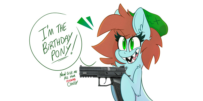 Size: 2576x1288 | Tagged: safe, artist:wutanimations, derpibooru import, oc, oc:neko, unofficial characters only, earth pony, pony, chest fluff, dialogue, ear fluff, earth pony oc, female, gun, handgun, hat, mare, pistol, sharp teeth, simple background, solo, speech bubble, teeth, vulgar, weapon, white background