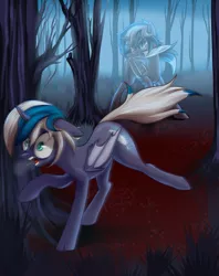 Size: 2841x3583 | Tagged: semi-grimdark, artist:rvsbhrt, derpibooru import, oc, oc:elizabat stormfeather, oc:elizabrat meanfeather, unofficial characters only, alicorn, bat pony, bat pony alicorn, pony, alicorn oc, angry, bat wings, chase, clone, commission, crying, female, forest, grass, horn, knife, mare, mouth hold, open mouth, raised hoof, raised leg, running, salivating, scared, spit, sweat, this will end in death, this will end in tears, this will end in tears and/or death, tree, wings, ych result