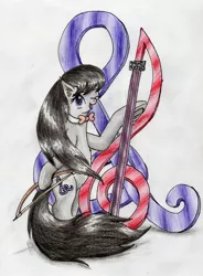 Size: 2190x2973 | Tagged: safe, artist:40kponyguy, derpibooru import, octavia melody, earth pony, bipedal, bowtie, cute, cutie mark, hoof hold, looking at you, one eye closed, redraw, simple background, solo, tavibetes, traditional art, treble clef, windswept mane, windswept tail