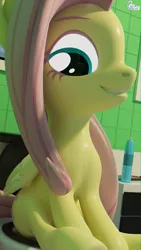Size: 1080x1920 | Tagged: safe, artist:quicktimepony, derpibooru import, fluttershy, pegasus, pony, 3d, air freshener, bathroom, blender, happy, implied pooping, looking back, nintendo switch, signature, sitting, sitting on toilet, solo, toilet