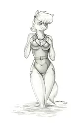 Size: 950x1407 | Tagged: safe, artist:baron engel, derpibooru import, ms. harshwhinny, anthro, earth pony, breasts, busty ms. harshwhinny, cleavage, clothes, ear piercing, earring, female, image, jewelry, jpeg, monochrome, necklace, one-piece swimsuit, pencil drawing, piercing, solo, story included, swimsuit, traditional art