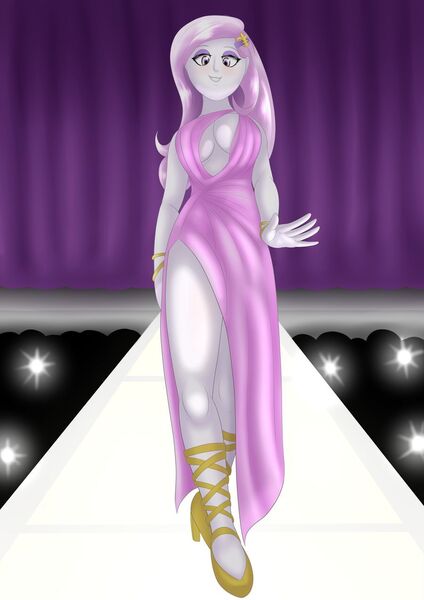 Size: 900x1273 | Tagged: safe, artist:wolfjarl, derpibooru import, fleur-de-lis, equestria girls, camera flashes, clothes, dress, fashion, female, runway, sexy