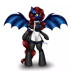 Size: 4000x4000 | Tagged: safe, artist:skairsy, derpibooru import, oc, oc:nightingale, unofficial characters only, anthro, bat pony, pony, unguligrade anthro, arm hooves, bat pony oc, bat wings, clothes, commission, cute, female, maid, poison joke, simple background, solo, spread wings, white background, wings, ych result