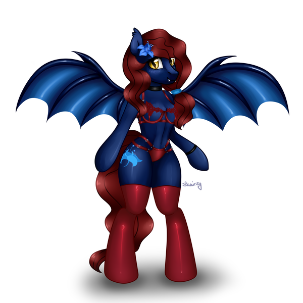 Size: 4000x4000 | Tagged: safe, alternate version, artist:skairsy, derpibooru import, oc, oc:nightingale, unofficial characters only, anthro, bat pony, pony, unguligrade anthro, arm hooves, bat pony oc, bat wings, clothes, commission, cute, female, poison joke, simple background, solo, spread wings, underwear, white background, wings, ych result