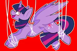 Size: 1800x1200 | Tagged: alicorn, artist:valkyrave, blood, bondage, derpibooru import, dilated pupils, female, looking at you, mare, red background, safe, simple background, smiling, strings, sweat, tangled up, twilight sparkle, twilight sparkle (alicorn)