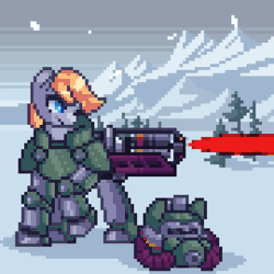 Size: 1080x1080 | Tagged: animated, armor, artist:stockingshot56, derpibooru import, fallout, gatling laser, laser, loop, mountain, oc, oc:gray star, outdoors, pixel art, power armor, safe, snow, snowfall, solo, unofficial characters only