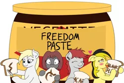 Size: 1650x1100 | Tagged: safe, artist:mkogwheel, derpibooru import, oc, oc:aryanne, oc:leslie fair, oc:molly tov, oc:veronika, unofficial characters only, earth pony, pony, acab, bread, communism, ear piercing, food, freedom paste, friendship, hammer and sickle, implied foalcon, nazi, piercing, politics, simple background, toast, vegemite