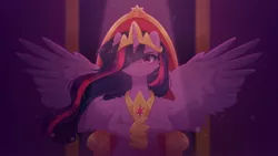 Size: 2276x1280 | Tagged: alicorn, artist:_floweryoutoday, beam of light, commission, crown, derpibooru import, female, hair over one eye, hoof shoes, jewelry, looking at you, mare, princess twilight 2.0, regalia, safe, semi-anthro, sitting, spread wings, the last problem, throne, throne room, twilight sparkle, twilight sparkle (alicorn), wings