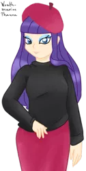Size: 299x595 | Tagged: artist:wrath-marionphauna, becoming popular, beret, clothes, derpibooru import, digital art, hat, human, humanized, looking at you, makeup, rarity, safe, simple background, skirt, smiling, solo, sweater, transparent background
