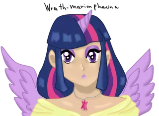 Size: 562x412 | Tagged: alicorn, artist:wrath-marionphauna, derpibooru import, digital art, horn, horned humanization, human, humanized, jewelry, makeup, necklace, safe, simple background, solo, transparent background, twilight sparkle, winged humanization, wings