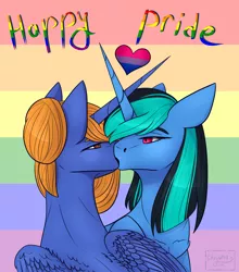 Size: 2598x2953 | Tagged: safe, artist:chrystal_company, derpibooru import, oc, oc:nightmare chrystal, unofficial characters only, alicorn, pony, unicorn, alicorn oc, bust, female, gay pride, hair bun, heart, horn, lesbian, mare, oc x oc, pride, shipping, unicorn oc, wings