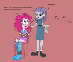 Size: 2239x1928 | Tagged: suggestive, artist:bugssonicx, derpibooru import, maud pie, pinkie pie, equestria girls, bondage, boots, clothes, female, femsub, gag, kidnapped, looking at each other, my leg, offscreen character, pinkiesub, shoes, skirt, submissive, tape, tape gag, teary eyes, tied to chair, tied up