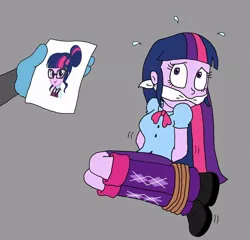 Size: 912x876 | Tagged: safe, artist:bugssonicx, derpibooru import, sci-twi, twilight sparkle, equestria girls, arm behind back, blouse, bondage, boots, bound and gagged, cloth gag, clothes, female, gag, glasses, kidnapped, looking offscreen, mistaken identity, offscreen character, photo, rope, rope bondage, scared, shoes, skirt, solo, tied up