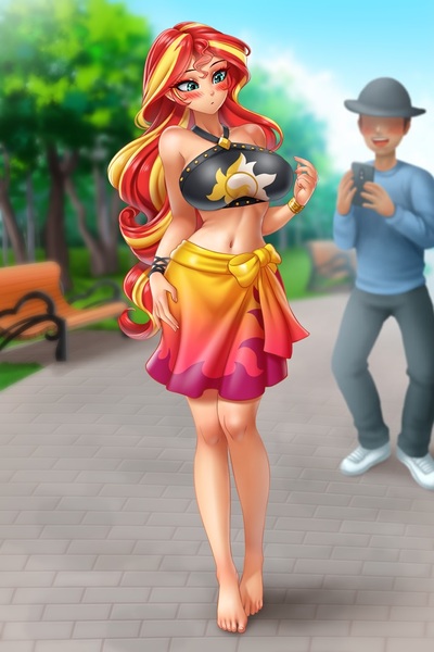 Size: 683x1024 | Tagged: safe, alternate version, artist:racoonsan, derpibooru import, edit, editor:thomasfan45, sunset shimmer, human, equestria girls, anime, barefoot, beautiful, beautisexy, belly button, bench, bikini, black swimsuit, blushing, breasts, busty sunset shimmer, clothes, cutie mark swimsuit, eyeshadow, faceless male, feet, female, hat, human coloration, jeweled swimsuit, legs, makeup, male, midriff, mobile phone, offscreen character, outdoors, pants, park, phone, sarong, sexy, stupid sexy sunset shimmer, summer sunset, surprised, sweater, swimsuit, tree, walkway