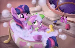 Size: 1920x1222 | Tagged: safe, artist:greenbrothersart, derpibooru import, spike, twilight sparkle, dragon, bath, bathtub, bubble, bubble bath, claw foot bathtub, cute, female, male, mama twilight, mare, night, one eye closed, rubber duck, shampoo, spikabetes, spikelove, towel, toy boat, twiabetes, window, wink