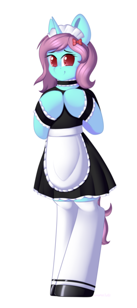 Size: 2508x5616 | Tagged: apron, artist:xcinnamon-twistx, bracelet, clothes, commission, cute, derpibooru import, jewelry, lace, looking at you, maid, maid headdress, oc, oc:baby bottle, safe, shoes, socks, stockings, thigh highs, your character here