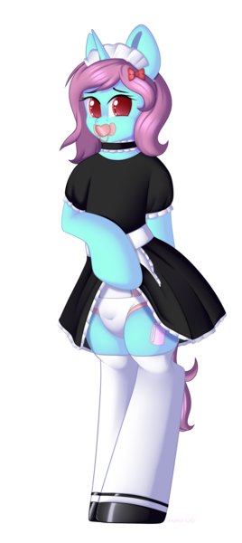 Size: 2508x5616 | Tagged: suggestive, artist:xcinnamon-twistx, derpibooru import, oc, oc:baby bottle, unicorn, apron, bracelet, clothes, commission, cute, diaper, diaper fetish, fetish, jewelry, lace, looking at you, maid, maid headdress, pacifier, shoes, socks, stockings, thigh highs, your character here