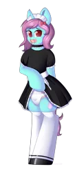 Size: 2508x5616 | Tagged: suggestive, artist:xcinnamon-twistx, derpibooru import, oc, oc:baby bottle, unicorn, apron, bracelet, clothes, commission, cute, diaper, diaper fetish, fetish, jewelry, lace, looking at you, maid, maid headdress, pacifier, shoes, socks, stockings, thigh highs, your character here