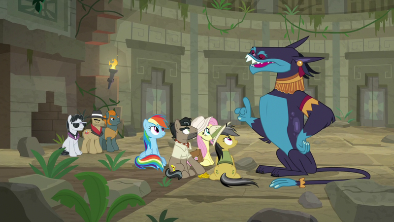 Size: 1920x1080 | Tagged: ahuizotl, biff, daring do, daring doubt, derpibooru import, doctor caballeron, fluttershy, henchmen, rainbow dash, rogue (character), safe, screencap, withers