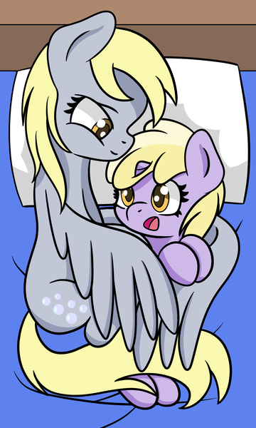 Size: 1159x1930 | Tagged: safe, artist:dinkyuniverse, derpibooru import, derpy hooves, dinky hooves, pegasus, pony, unicorn, bed, bed time, bedroom, child, cuddling, cute, daughter, derpabetes, dinkabetes, equestria's best daughter, equestria's best mother, family, female, filly, foal, happy, mare, mother, mother and child, mother and daughter, relaxing, sleepy, smiling, wholesome