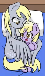 Size: 1159x1930 | Tagged: safe, artist:dinkyuniverse, derpibooru import, derpy hooves, dinky hooves, pegasus, pony, unicorn, bed, bed time, bedroom, child, cuddling, cute, daughter, derpabetes, dinkabetes, equestria's best daughter, equestria's best mother, family, female, filly, foal, happy, mare, mother, mother and child, mother and daughter, relaxing, sleepy, smiling, wholesome