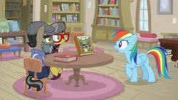 Size: 1920x1080 | Tagged: a.k. yearling, book, daring doubt, derpibooru import, groom q.q. martingale, rainbow dash, safe, screencap