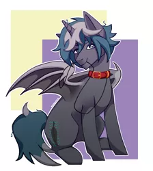 Size: 1346x1500 | Tagged: safe, artist:awesomekunussia, derpibooru import, oc, oc:elizabrat meanfeather, unofficial characters only, alicorn, bat pony, bat pony alicorn, pony, alicorn oc, bat pony oc, bat wings, clone, collar, commission, female, horn, leash, mare, mouth hold, sitting, solo, wings, ych result