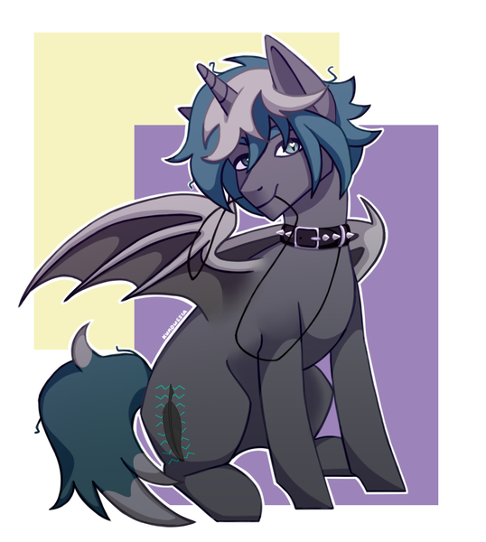 Size: 1346x1500 | Tagged: safe, alternate version, artist:awesomekunussia, derpibooru import, oc, oc:elizabrat meanfeather, unofficial characters only, alicorn, bat pony, bat pony alicorn, pony, alicorn oc, bat pony oc, bat wings, clone, collar, commission, female, horn, leash, mare, mouth hold, sitting, solo, spiked collar, wings, ych result