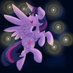 Size: 2160x2160 | Tagged: safe, artist:cadetredshirt, derpibooru import, twilight sparkle, twilight sparkle (alicorn), alicorn, firefly (insect), insect, pony, commission, excited, flying, gradient background, happy, night, simple background, solo, ych result, your character here