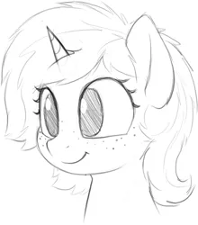Size: 745x847 | Tagged: safe, artist:zippysqrl, derpibooru import, oc, oc:sign, unofficial characters only, pony, unicorn, bust, female, freckles, grayscale, happy, monochrome, sketch, solo