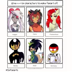 Size: 764x763 | Tagged: safe, artist:x_xtacy_x, derpibooru import, fluttershy, pegasus, pony, elements of insanity, six fanarts, akali, bendy, bendy and the ink machine, bust, catra, clothes, countryhumans, crossover, eyepatch, female, fluttershout, germany, glasses, hat, hazbin hotel, knife, league of legends, mare, she-ra and the princesses of power, top hat, vaggie, wings