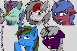 Size: 768x512 | Tagged: safe, artist:skydreams, derpibooru import, oc, oc:dioxin, oc:move, oc:searing cold, oc:sparky showers, oc:wander bliss, unofficial characters only, alicorn, bat pony, bat pony alicorn, kirin, pegasus, unicorn, ahegao, bat wings, beckoning, blushing, blushing ears, collar, disgusted, emoji, emotes, glasses, horn, horn piercing, looking at you, nuzzling, open mouth, patreon, patreon reward, pierced ears, piercing, smiling, smirk, tongue out, wings
