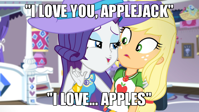 Size: 640x360 | Tagged: safe, derpibooru import, edit, edited screencap, screencap, applejack, rarity, camping must-haves, equestria girls, equestria girls series, spoiler:eqg series (season 2), apple, best friends, caption, female, food, i love you, image macro, lesbian, meme, rarijack, rarity's bedroom, shipping, text, that 70s show, that pony sure does love apples