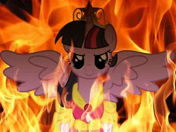 Size: 896x672 | Tagged: safe, derpibooru import, twilight sparkle, twilight sparkle (alicorn), alicorn, pony, alicorn drama, big crown thingy, drama, element of magic, female, fire, jewelry, mare, regalia, tyrant sparkle