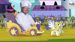 Size: 899x503 | Tagged: safe, derpibooru import, human, pegasus, pony, unicorn, magical mystery cure, ashens, chef, chef excellence, chef's hat, exploitable meme, hat, hoof hold, irl, irl human, male, meme, photo, smiling, spear, spread wings, stallion, twimobile, wat, weapon, wings