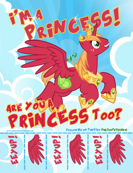 Size: 800x1036 | Tagged: safe, artist:pixelkitties, derpibooru import, big macintosh, alicorn, pony, alicornified, flyer, flying, hilarious in hindsight, i'm a princess are you a princess too?, male princess, princess big mac, race swap, solo