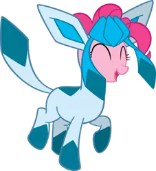 Size: 852x937 | Tagged: dead source, safe, artist:silverrainclouds, derpibooru import, pinkie pie, glaceon, clothes, costume, crossover, happy, image, png, pokémon, simple background, solo, transparent background, vector