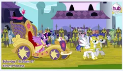 Size: 816x473 | Tagged: safe, derpibooru import, screencap, amberlocks, cloud kicker, elbow grease, lightning bolt, lyra heartstrings, minuette, paradise (crystal pony), rook ramparts, twilight sparkle, twilight sparkle (alicorn), twinkleshine, white lightning, alicorn, crystal pony, pegasus, pony, magical mystery cure, clothes, coronation dress, dress, element of magic, female, mare, royal guard, twimobile