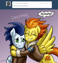 Size: 791x859 | Tagged: artist:pluckyninja, clothes, derpibooru import, glomp, hug, safe, sexy, soarin', spitfire, stupid sexy spitfire, tumblr, tumblr:sexy spitfire, uniform, wonderbolts