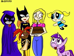 Size: 1024x768 | Tagged: artist:chchcartoons, batgirl, batman, birthday, bubbles (powerpuff girls), cake, crossover, derpibooru import, food, raven (teen titans), safe, sari sumdac, tara strong, teen titans, the powerpuff girls, transformers, twilight sparkle