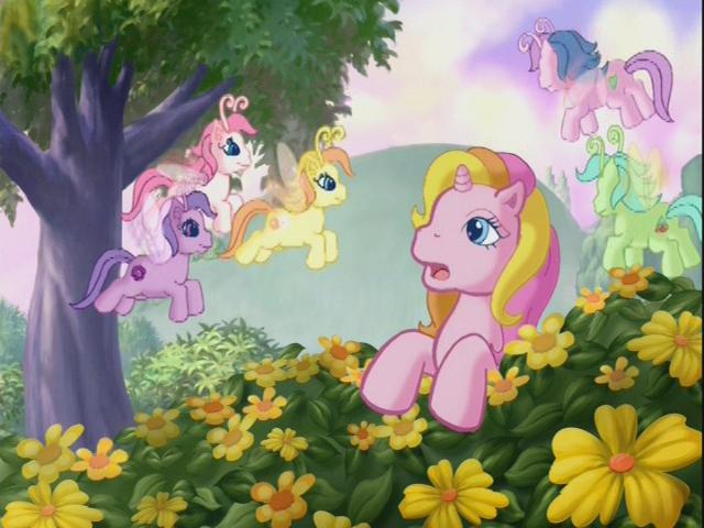 Size: 640x480 | Tagged: safe, derpibooru import, rarity (g3), tiddlywink, tra-la-la, zipzee, pony, the runaway rainbow, background pony, bush, g3