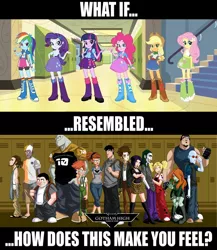 Size: 741x855 | Tagged: safe, derpibooru import, applejack, fluttershy, pinkie pie, rainbow dash, rarity, twilight sparkle, equestria girls, equestria girls (movie), caption, eqg promo pose set, equestria girls drama, gotham high, image macro, mane six, text