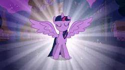 Size: 1920x1080 | Tagged: safe, derpibooru import, official, screencap, twilight sparkle, twilight sparkle (alicorn), alicorn, pony, magical mystery cure, cottage, flag, majestic, night, spread wings, wings