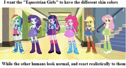 Size: 455x244 | Tagged: safe, derpibooru import, applejack, fluttershy, pinkie pie, rainbow dash, rarity, twilight sparkle, equestria girls, are equestrian girls human?, clothes, colorful personality, eqg promo pose set, equestria girls prototype, line-up, mane six, pony coloring, skirt, tanktop, twoiloight spahkle