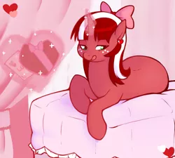 Size: 1205x1083 | Tagged: safe, artist:redintravenous, derpibooru import, oc, oc:red ribbon, unofficial characters only, pony, unicorn, ask red ribbon, bed, bow, chocolate, female, food, hair bow, hearts and hooves day, holiday, image, magic, mare, png, solo, tumblr, valentine, valentine's day