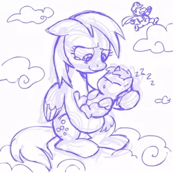 Size: 945x945 | Tagged: safe, artist:megasweet, derpibooru import, derpy hooves, dinky hooves, pegasus, pony, crossover, equestria's best mother, female, foal, mare, mario, monochrome, newborn, nintendo, super mario bros., underp